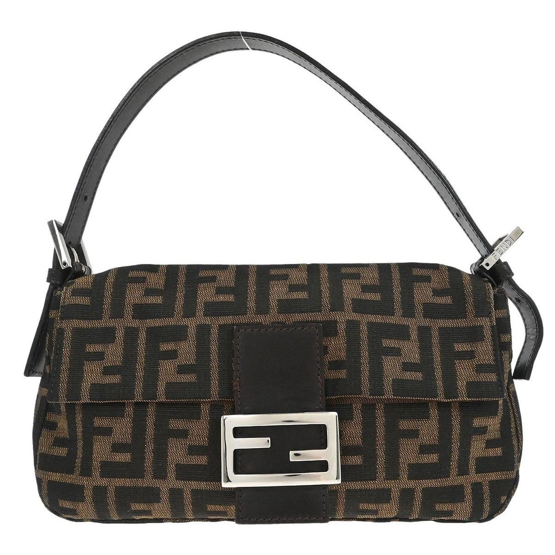 Fendi Baguette Brown Zucca Canvas Shoulder Bag 2119 26424 009: Fendi Baguette Brown Zucca Canvas Shoulder Bag 2119 26424 009 Fendi Zucca Baguette handbag in brown canvas with leather trim and silver-tone hardware. This medium shoulder bag features the signature l