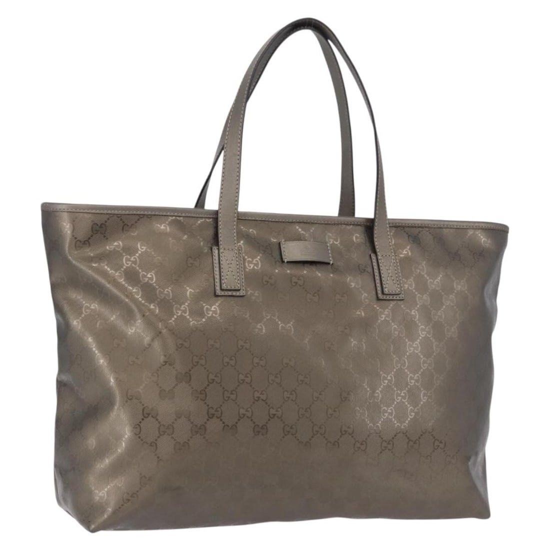 GUCCI 211120 Gray PVC Leather GG Canvas Tote Bag: GUCCI 211120 Gray PVC Leather GG Canvas Tote Bag A gray Gucci tote bag made from PVC leather and GG canvas, crafted in Italy. It features a structured tote style with a handle drop of approximately 8.