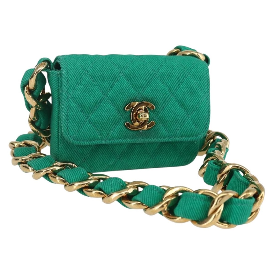 CHANEL Chain Mini Matelasse Shoulder Bag Green Gold Canvas Auth 158908SM: CHANEL Chain Mini Matelasse Shoulder Bag Green Gold Canvas Auth 158908SM This exquisite CHANEL Chain Mini Matelasse 11 Shoulder Bag is a stunning accessory crafted in France. The bag features a luxuri