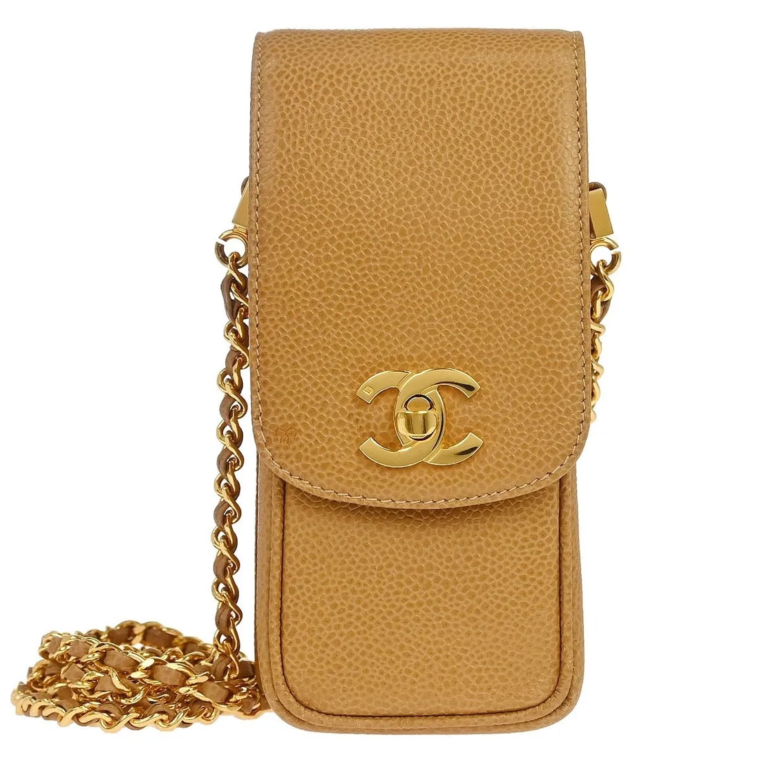Chanel Vintage CC Beige Leather Phone Holder: Chanel Vintage CC Beige Leather Phone Holder Vintage Chanel CC phone holder for women in beige leather. Made in Italy, this Caviar-style phone holder measures 7 cm x 18 cm x 3 cm and is in very good c