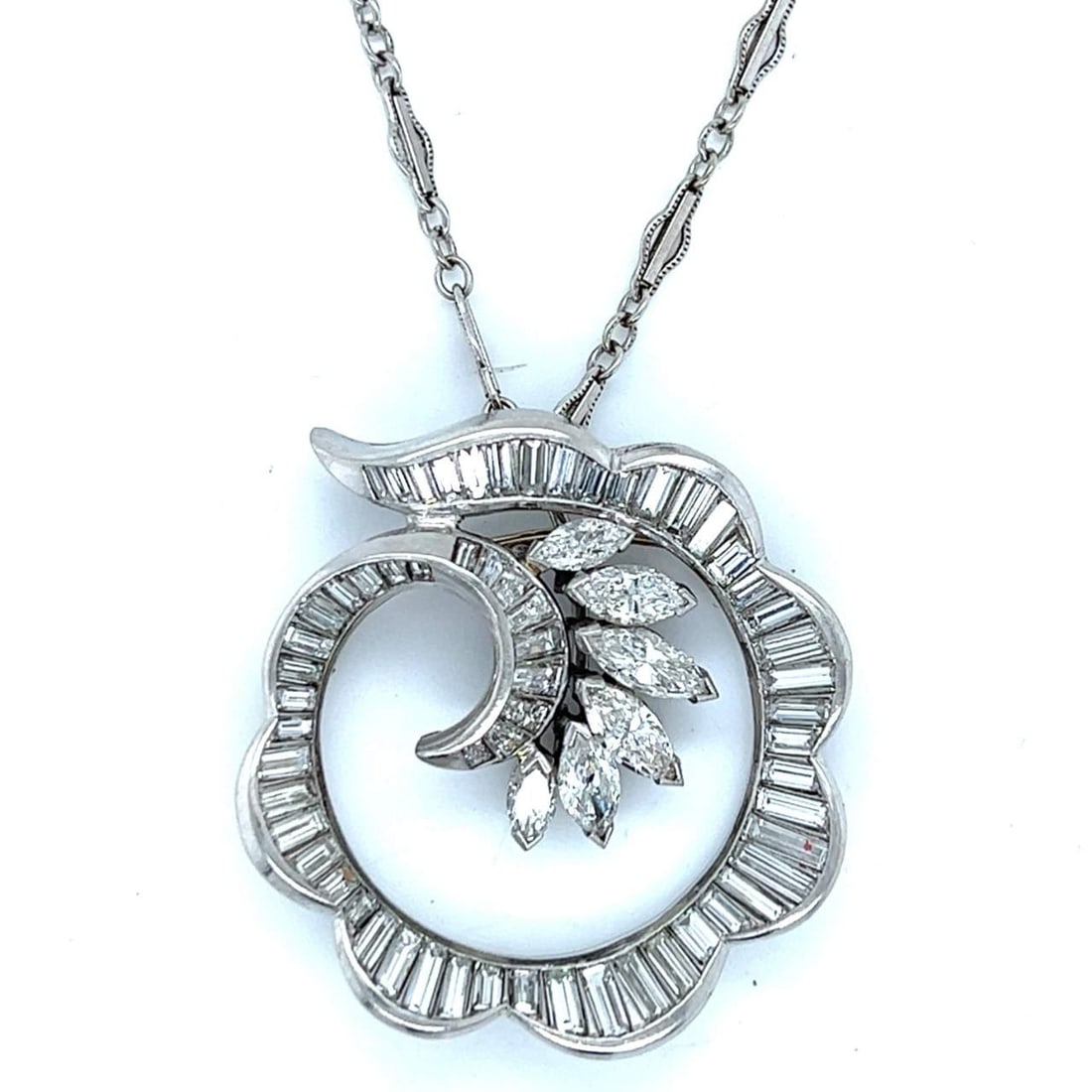 Art Deco Platinum Diamond Pendant 9.00 Ct with 14K Gold Chain: Art Deco Platinum Diamond Pendant 9.00 Ct with 14K Gold Chain This stunning Art Deco pendant features a luxurious design crafted from platinum and adorned with a total of 61 diamonds, weighing approxi