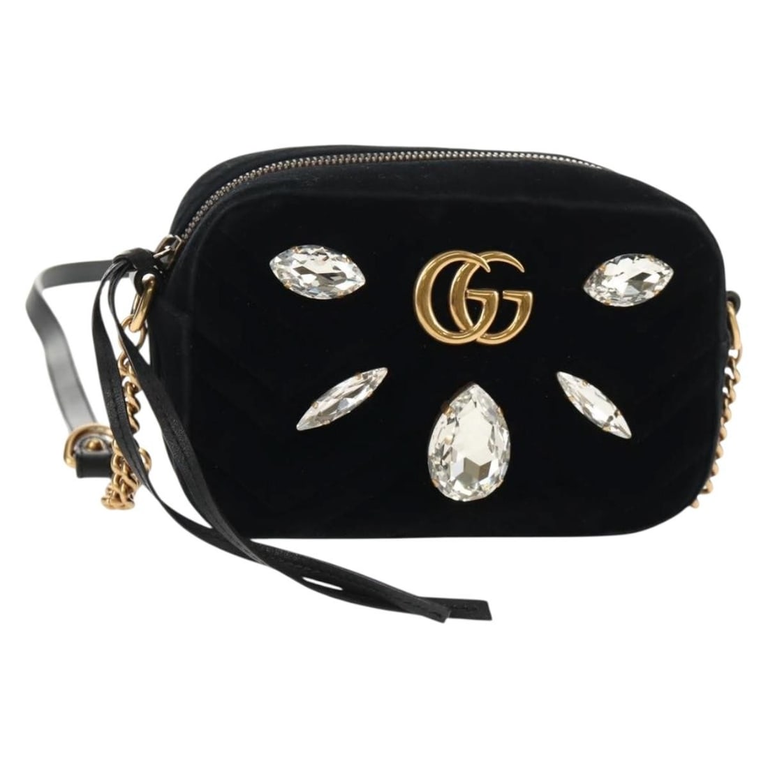 Gucci 448065 GG Marmont velor shoulder bag black gold: Gucci 448065 GG Marmont velor shoulder bag black gold GUCCI GG Marmont Chain Shoulder Bag in black and gold velor, made in Italy. This shoulder bag features a chain shoulder strap and the GG Marmont d