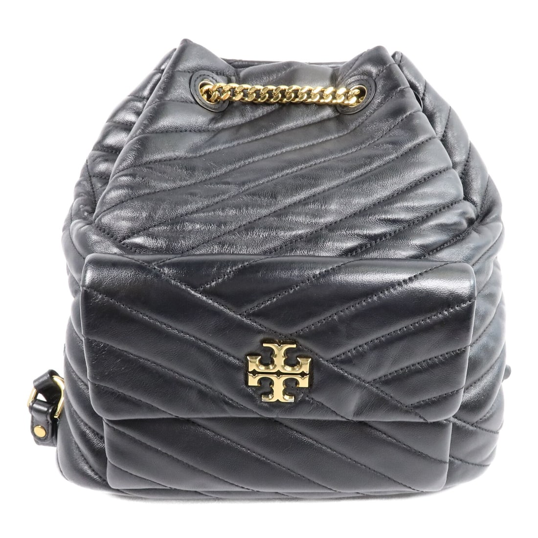 Tory Burch Black Calfskin Backpack with Gold Tone Hardware: Tory Burch Black Calfskin Backpack with Gold Tone Hardware Black Tory Burch backpack crafted from calfskin (cowhide) leather. It features an exterior magnetic pocket, two inside open pockets, and one 