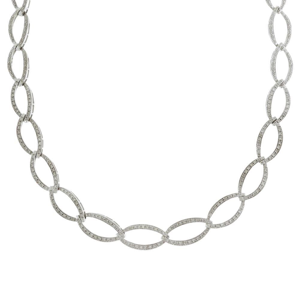 14k White Gold Marquise Link Diamond Collar Necklace: 14k White Gold Marquise Link Diamond Collar Necklace This stunning collar necklace is crafted from 14k white gold and features beautifully designed marquise-shaped links, each adorned with near colorl
