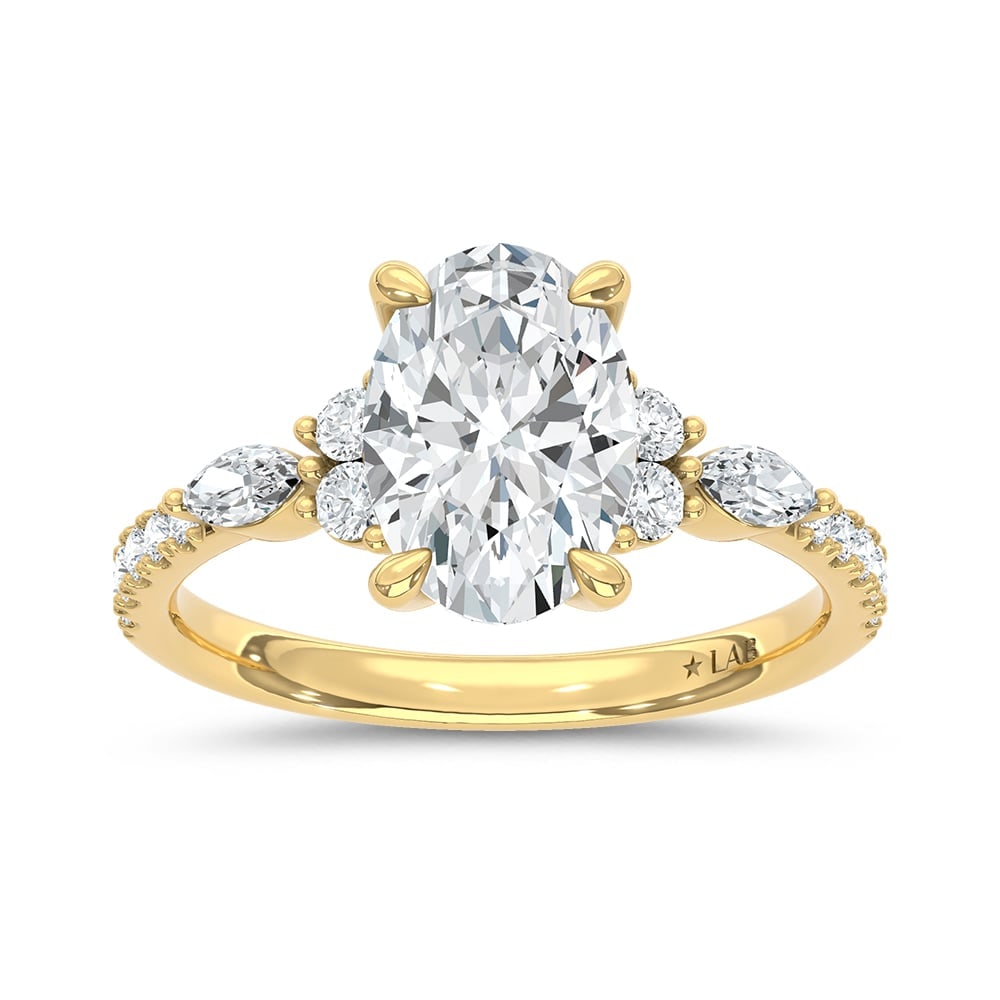 14K Yellow Gold Lab Grown Marquise and Round Diamond 2 3/8 Ct.Tw. Engagement Ring With Oval Center: 14K Yellow Gold Lab Grown Marquise and Round Diamond 2 3/8 Ct.Tw. Engagement Ring With Oval Center 14k Yellow Gold Stone Color: D-f Stone Clarity: Vs Each ring is presented in standard size 6.5. Compl