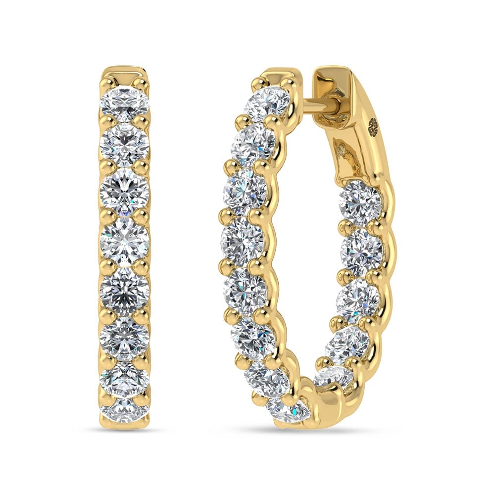 10K Yellow Gold 3 Ct.Tw. Lab Grown Diamond In and Our Hoop Earrings: 10K Yellow Gold 3 Ct.Tw. Lab Grown Diamond In and Our Hoop Earrings Classic 10K yellow gold hoops adorned with 3 Ct.Tw. lab-grown diamonds in an in-and-out style for refined elegance. 10k Yellow Gold 