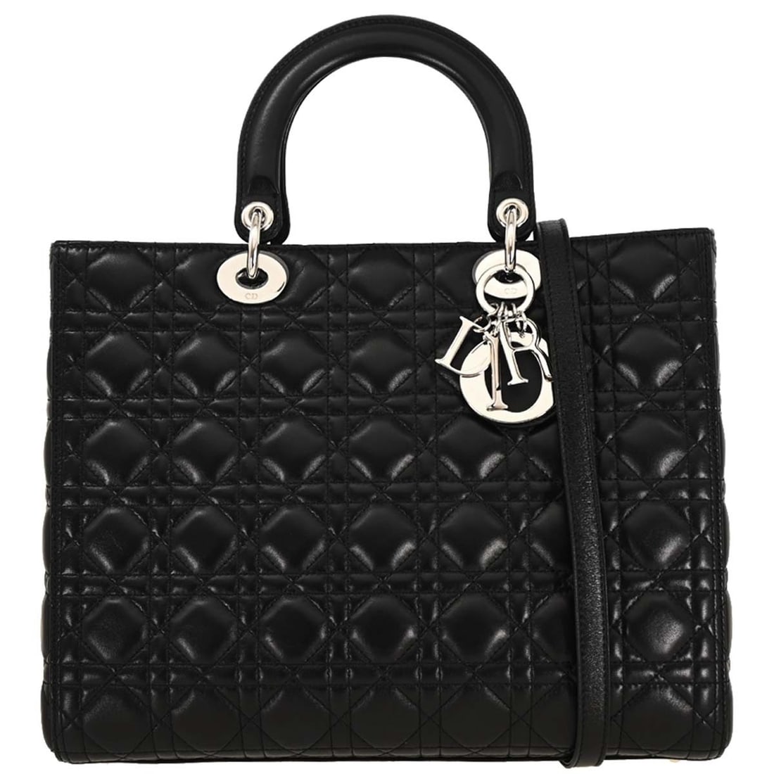 Dior Lady Dior Cannage Large Black Lambskin Satchel with Strap: Dior Lady Dior Cannage Large Black Lambskin Satchel with Strap Christian Dior Lady Dior Cannage 2-way handbag in black lambskin with quilted detailing and a zip closure. This women's satchel/top handl