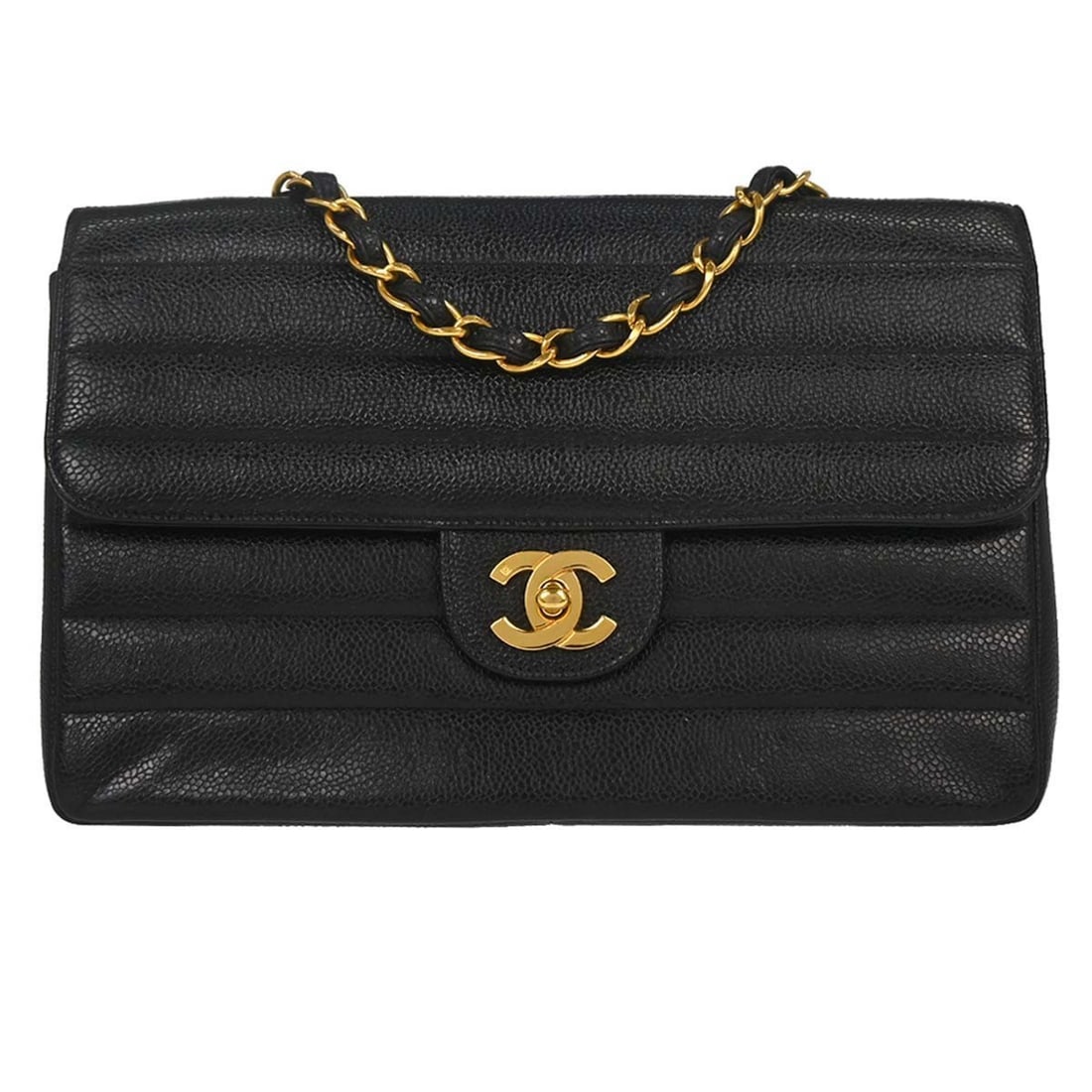 CHANEL Caviar Matelasse Shoulder Bag in Black Leather: CHANEL Caviar Matelasse Shoulder Bag in Black Leather Chanel horizontal stitch shoulder bag in black caviar skin leather with a matelasse pattern and turnlock closure. It features a shoulder strap wit