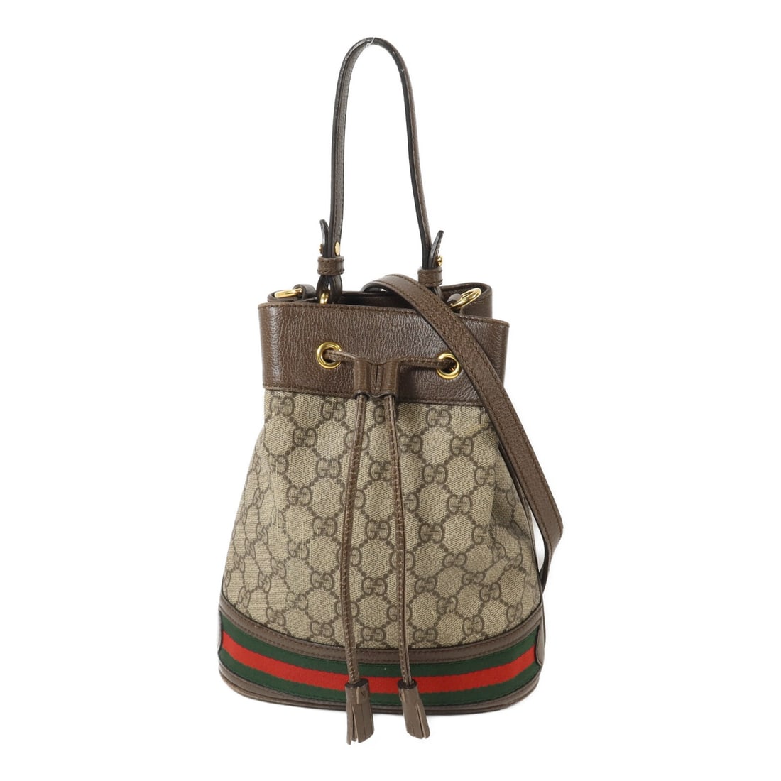 GUCCI Ophidia 550621 2 Way Bucket Shoulder Bag Brown Coated Canvas: GUCCI Ophidia 550621 2 Way Bucket Shoulder Bag Brown Coated Canvas This Gucci Ophidia bucket 2-way shoulder bag is crafted from PVC coated canvas in brown. It features a regular size, interior open po