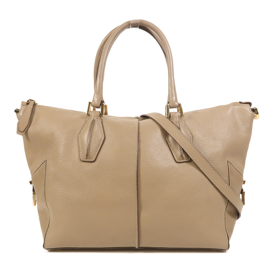 TOD'S 2 Way Shoulder Bag in Calfskin Leather Gray: TOD'S 2 Way Shoulder Bag in Calfskin Leather Gray A TOD'S 2-way shoulder bag crafted from calfskin (cowhide) in a gray/taupe tone. It features a shoulder strap and storage bag, with one inside zip poc