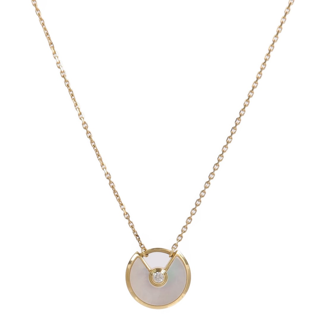 Cartier Amulette de Cartier 18K Yellow Gold Mother of Pearl Necklace: Cartier Amulette de Cartier 18K Yellow Gold Mother of Pearl Necklace An Amulette de Cartier necklace in 18K yellow gold with mother of pearl accents, presented in white. This women's necklace is from 