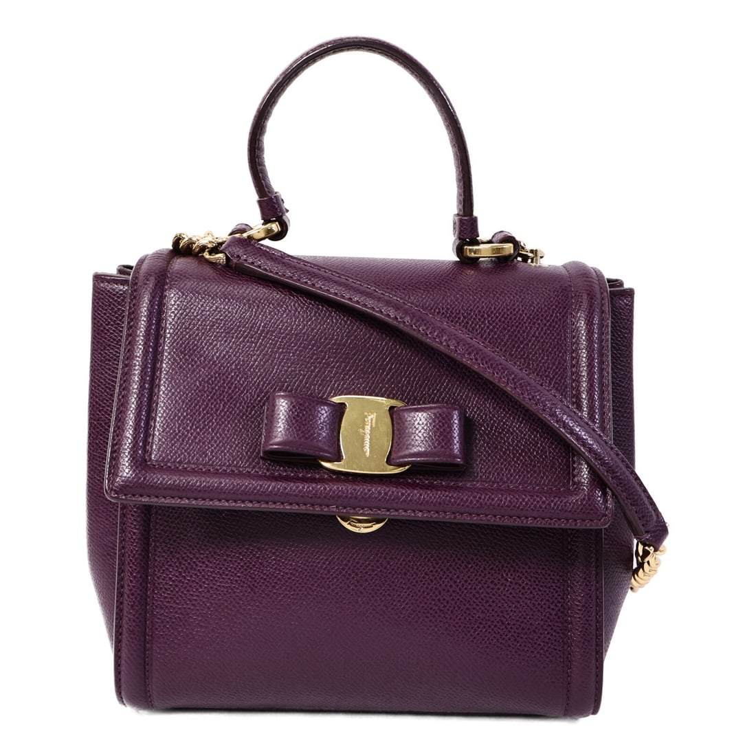 Salvatore Ferragamo 21G646 Vara Ribbon Purple Calfskin 2 Way Shoulder Bag: Salvatore Ferragamo 21G646 Vara Ribbon Purple Calfskin 2 Way Shoulder Bag Salvatore Ferragamo 2-way shoulder bag in purple calfskin (cowhide) with a Vara Ribbon detail and gold-tone hardware. It is a 