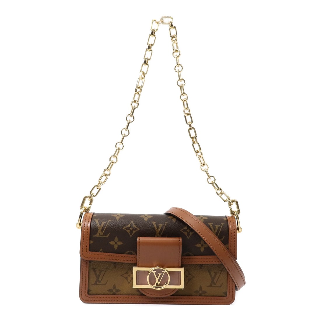 Louis Vuitton Dauphine East West Monogram Reverse Shoulder Bag M46757: Louis Vuitton Dauphine East West Monogram Reverse Shoulder Bag M46757 A Louis Vuitton Dauphine East West shoulder bag in Monogram Reverse with a brown x brown colorway and PVC coated canvas constructi
