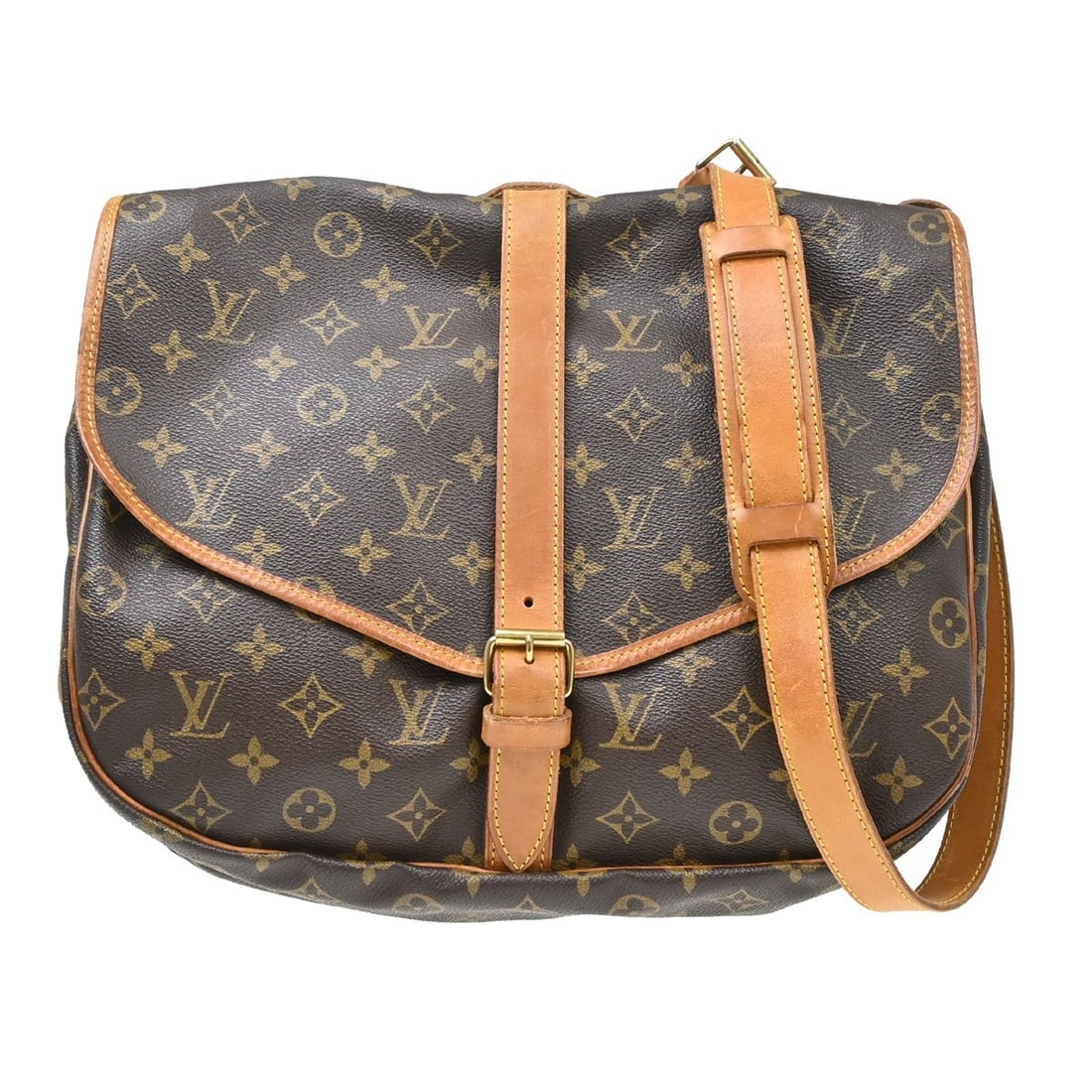 Louis Vuitton Saumur 35 Monogram Crossbody Shoulder Bag M42254: Louis Vuitton Saumur 35 Monogram Crossbody Shoulder Bag M42254 Vintage Louis Vuitton Saumur 35 shoulder bag in brown Monogram canvas with leather trim and a buckle closure. This unisex bag features a 