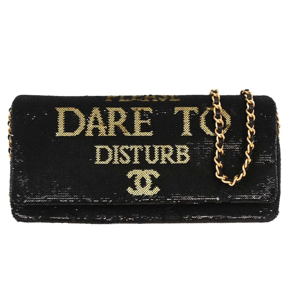 Chanel Dare To Disturb black sequin leather shoulder bag: Chanel Dare To Disturb black sequin leather shoulder bag Chanel shoulder bag in black leather with sequined detailing and logo accents. This medium shoulder bag features a magnetic closure, chain shou