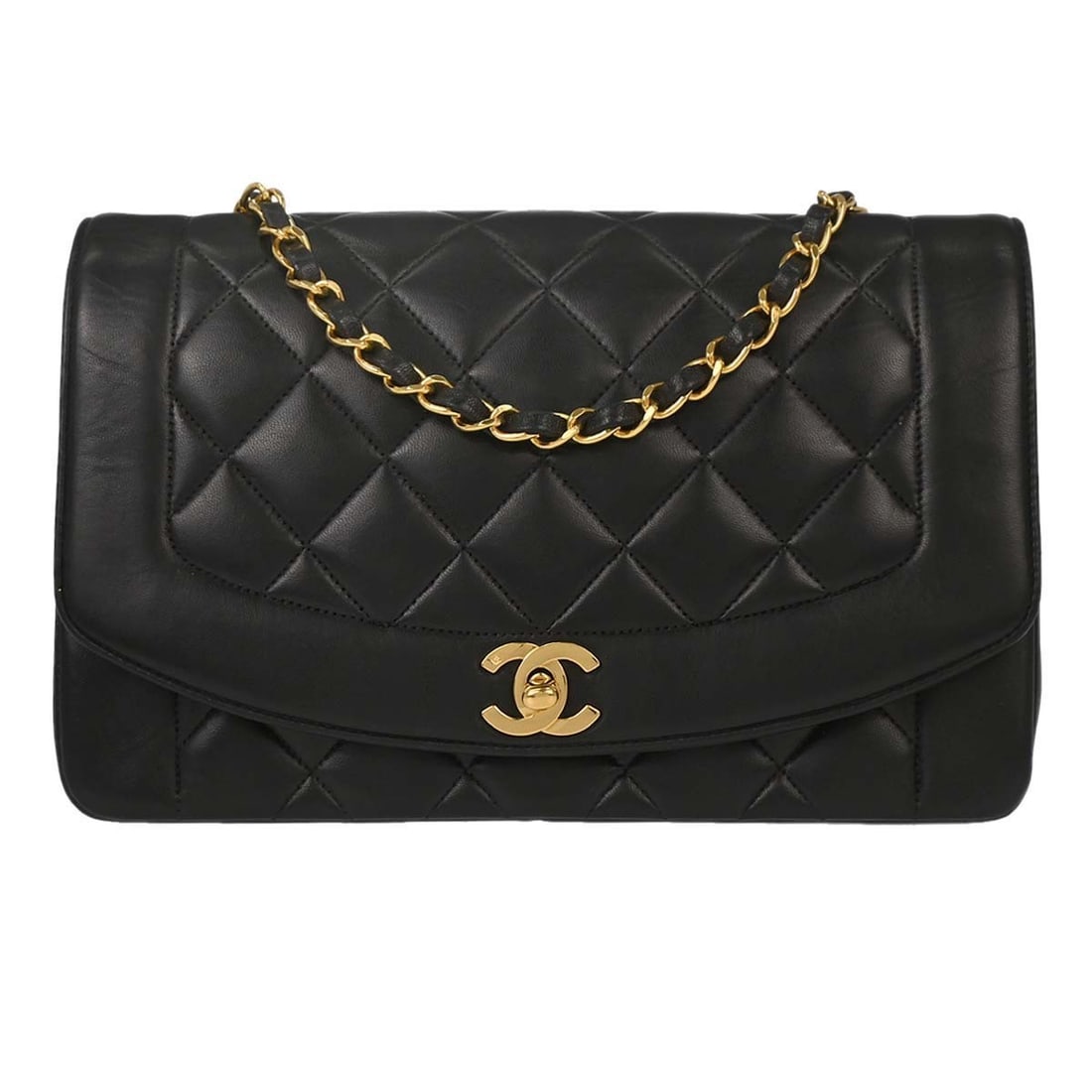 CHANEL Diana Medium Quilted Black Lambskin Flap Shoulder Bag: CHANEL Diana Medium Quilted Black Lambskin Flap Shoulder Bag Chanel Diana shoulder bag in black quilted lambskin leather with a flap turnlock closure and single chain crossbody strap. The interior is 