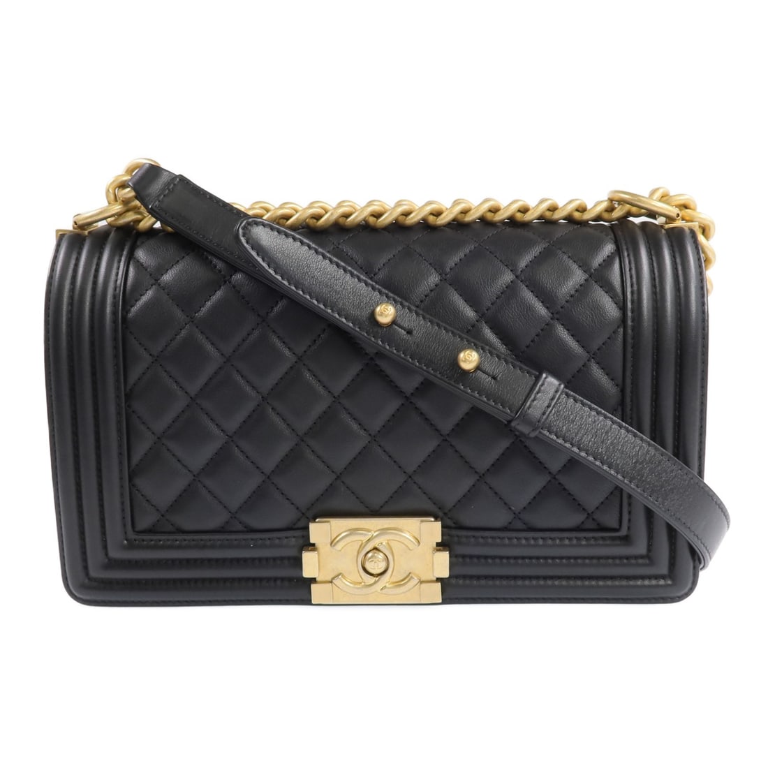 CHANEL Boy 25 CC Chain Shoulder Bag Black Calfskin Leather: CHANEL Boy 25 CC Chain Shoulder Bag Black Calfskin Leather CHANEL Boy 25 chain shoulder bag in black calfskin leather with a black frame color. It features a flap closure, one open inside pocket, and 