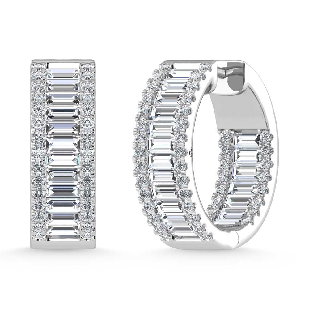 14K White Gold Round & Baguette Lab Grown Diamond 5 Ct.Tw. Hoop Earrings: 14K White Gold Round & Baguette Lab Grown Diamond 5 Ct.Tw. Hoop Earrings Luxurious 14K white gold hoops featuring 5 Ct.Tw. lab-grown diamonds in round & baguette cuts for dazzling sparkle. 14k White G