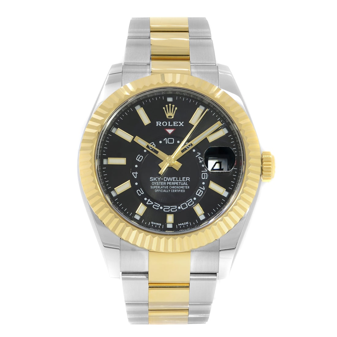 Rolex Sky-Dweller 326933 Automatic Mens Watch Black Dial 18K Gold Bezel: Rolex Sky-Dweller 326933 Automatic Mens Watch Black Dial 18K Gold Bezel This exquisite Rolex Sky-Dweller is a luxurious men's wristwatch that seamlessly combines style and functionality. Featuring a s