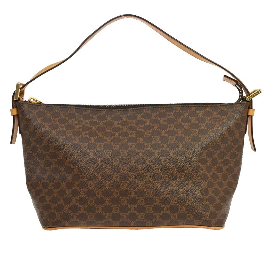 CELINE Macadam Brown Top Handle Handbag CE10 24: CELINE Macadam Brown Top Handle Handbag CE10 24 Celine Macadam top handle handbag in brown with logo accents and a casual medium-size silhouette. Made in Italy, this handbag features a PVC and leather