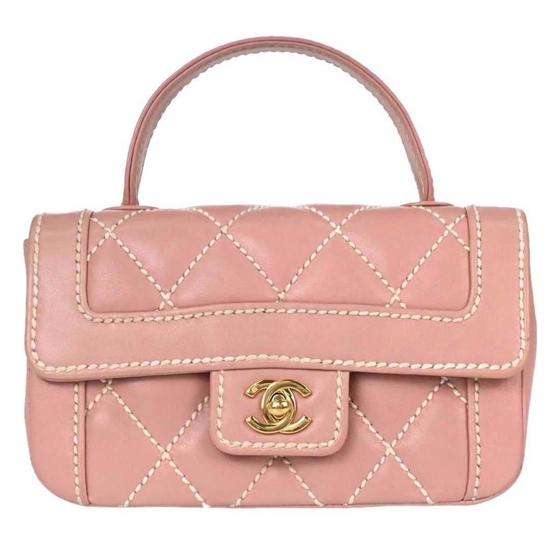 CHANEL Wild Stitch Small Top Handle Bag in Pink Calfskin: CHANEL Wild Stitch Small Top Handle Bag in Pink Calfskin Small Chanel top handle handbag in pink calfskin leather with the Wild Stitch design and a turn-lock closure. Made in France, this women's bag 