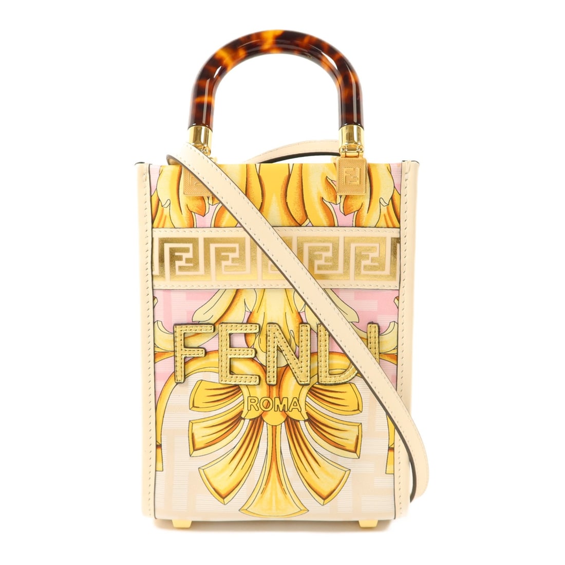 FENDI Sunshine Mini Calfskin 2 Way Shoulder Bag Beige Pink 8BS01-AKMU-228-0189: FENDI Sunshine Mini Calfskin 2 Way Shoulder Bag Beige Pink 8BS01-AKMU-228-0189 Fendi Sunshine Mini 2 Way Shoulder Bag in beige and pink calfskin with gold-tone hardware. This model features a 2-way de