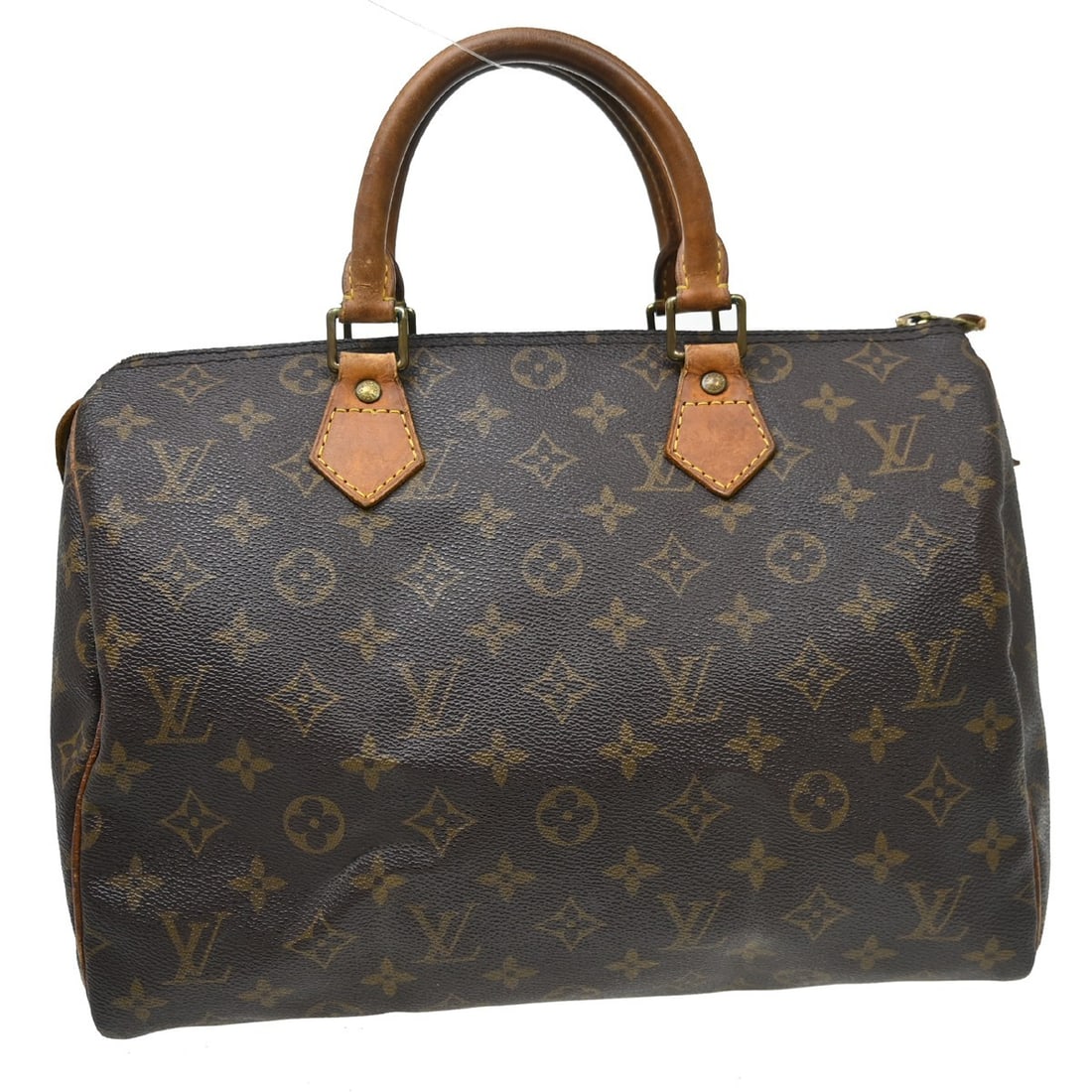 Louis Vuitton Speedy 30 Monogram Canvas Satchel M41526 France: Louis Vuitton Speedy 30 Monogram Canvas Satchel M41526 France Vintage Louis Vuitton Speedy 30 handbag in Monogram canvas with leather handle details and a zip closure. It features double handles, a br
