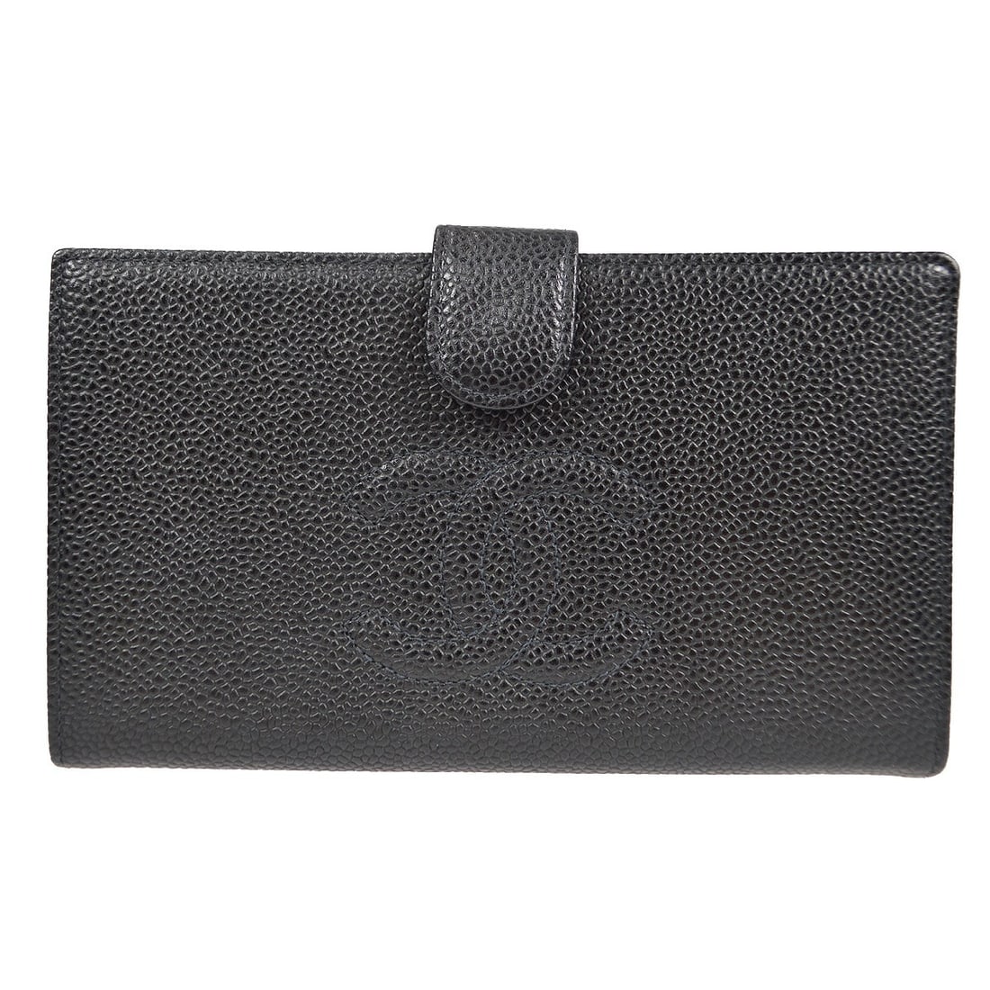 Chanel CC Black Caviar Leather Long Bifold Wallet: Chanel CC Black Caviar Leather Long Bifold Wallet Chanel long bifold wallet purse in black caviar skin leather with a CC pattern. This women's wallet features a textured leather exterior and an organi