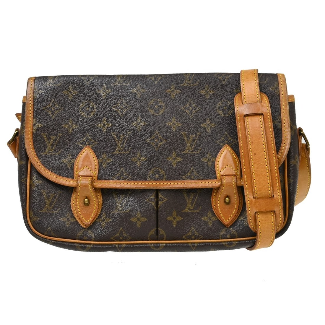 Louis Vuitton Gibeciere MM Monogram Canvas Shoulder Bag M42247: Louis Vuitton Gibeciere MM Monogram Canvas Shoulder Bag M42247 Vintage Louis Vuitton Gibeciere MM shoulder bag in brown Monogram canvas with leather trim and a buckle flap closure. The bag features th
