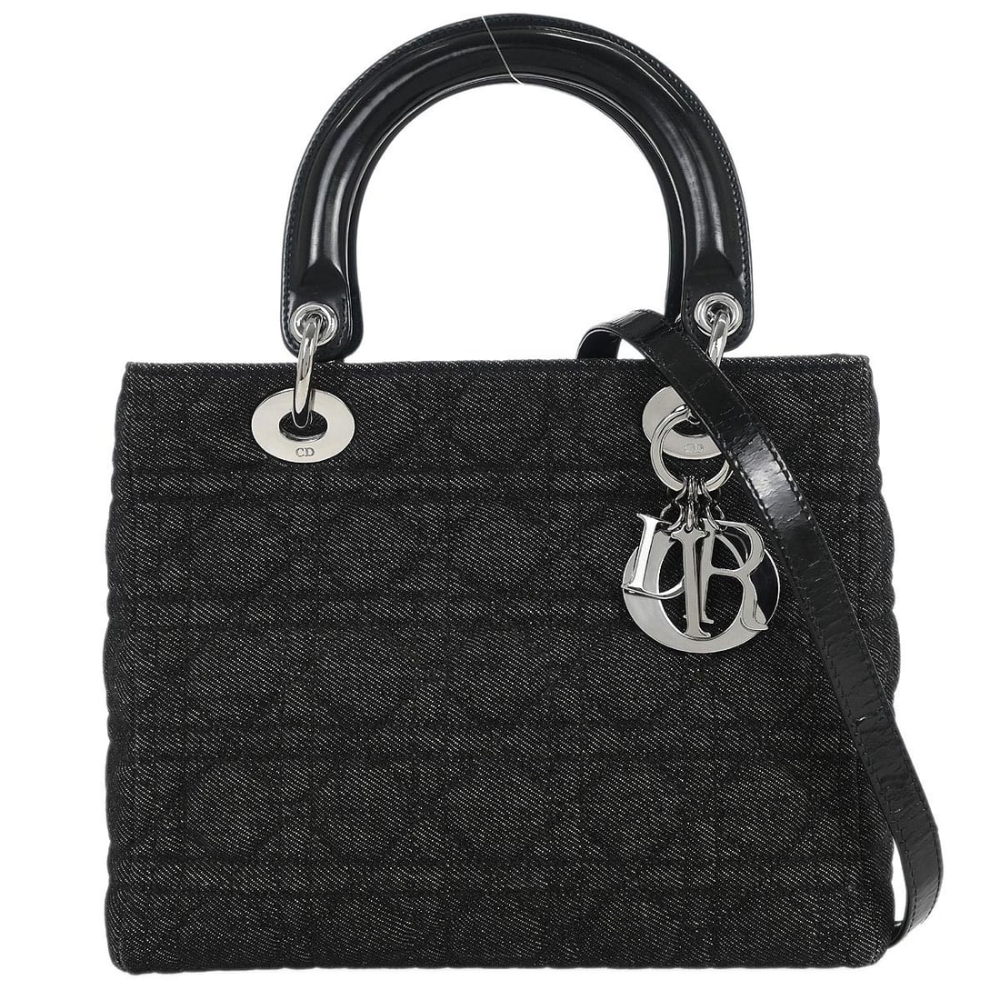 Dior Lady Dior Cannage denim satchel with strap navy black: Dior Lady Dior Cannage denim satchel with strap navy black Christian Dior Lady Dior Cannage handbag in navy denim with black patent leather handles and strap. This medium satchel features the signatur