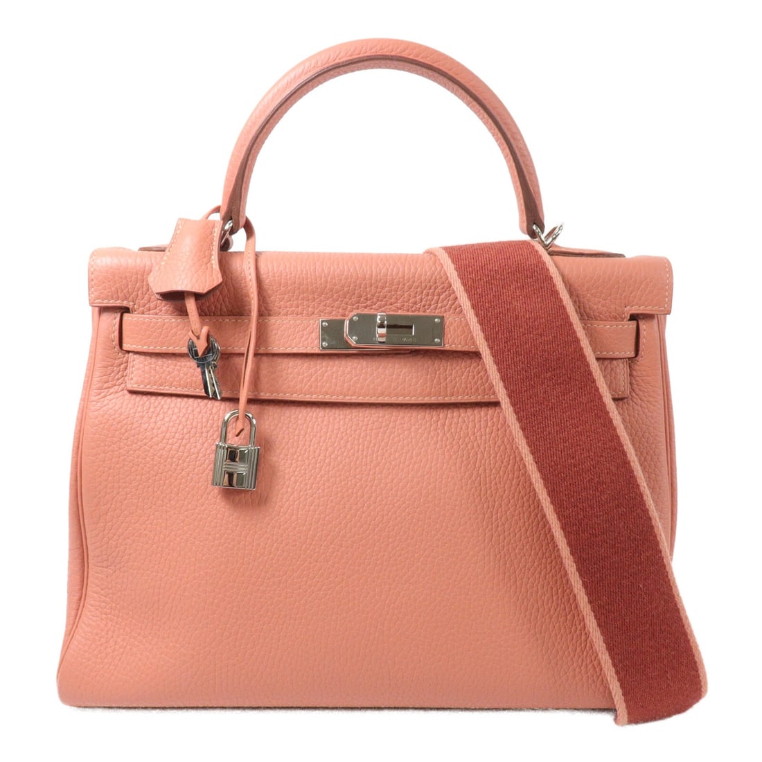 Hermes Kelly 32 Taurillon Clemence 2 Way Bag Rose Tes PHW: Hermes Kelly 32 Taurillon Clemence 2 Way Bag Rose Tes PHW Hermes Kelly 32 2 Way Shoulder Bag in Taurillon Clemence leather and calfskin (cowhide), presented in Rose tea x Pink x Rose Tes. It features 