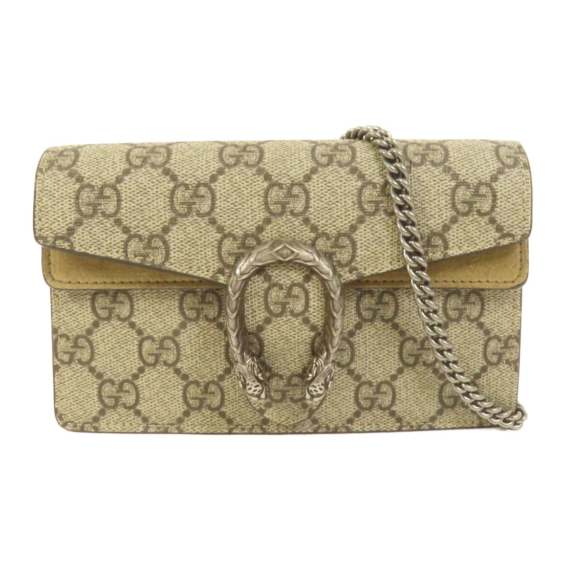 Gucci Dionysus GG Super Mini Shoulder Bag Brown Coated Canvas: Gucci Dionysus GG Super Mini Shoulder Bag Brown Coated Canvas This GUCCI GG Dionysus Super Mini Shoulder Bag is crafted from brown PVC coated canvas, offering a stylish and durable accessory.