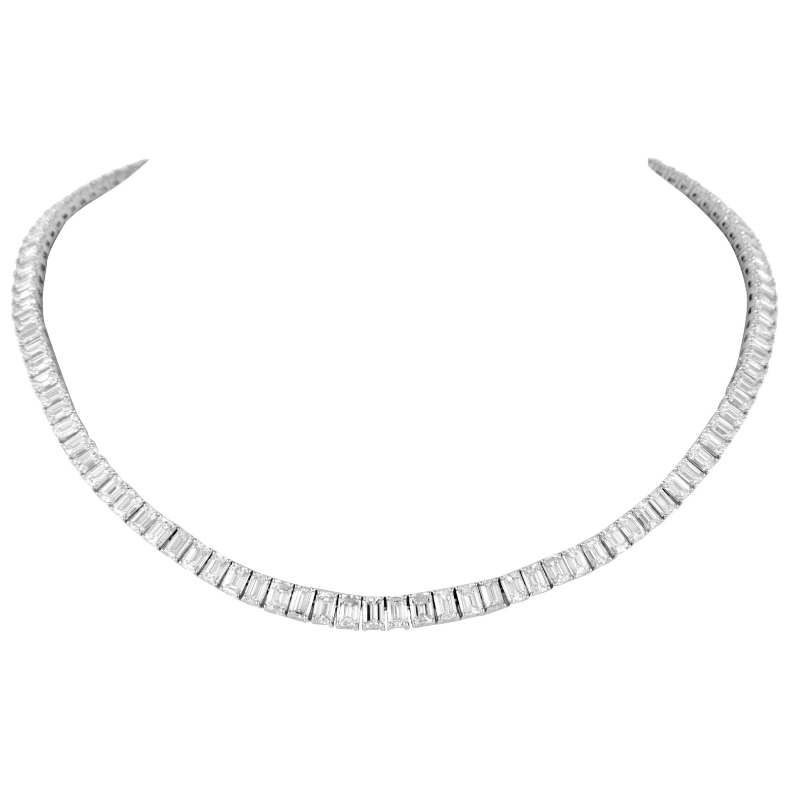 34.21ct Emerald Cut Diamond Tennis Necklace 18k White Gold 16in: 34.21ct Emerald Cut Diamond Tennis Necklace 18k White Gold 16in This stunning Emerald Cut Diamond Tennis Necklace features a remarkable total weight of 34.21 carats, showcasing 111 exquisite emerald