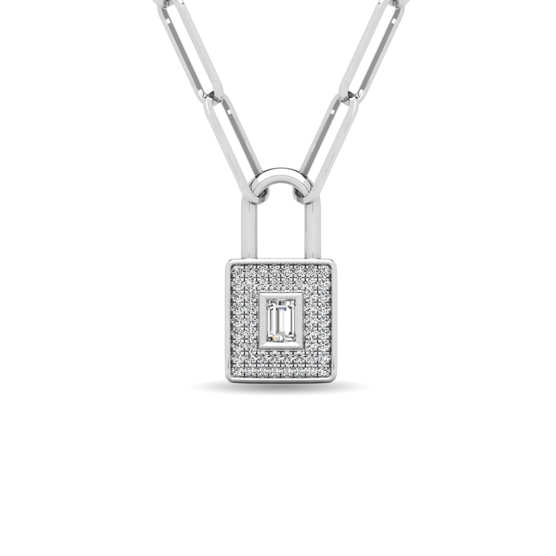 Diamond 1/5 Ct.Tw. Lock Pendant in 10K White Gold: Diamond 1/5 Ct.Tw. Lock Pendant in 10K White Gold 10k White Gold Stone Color: H-i Stone Clarity: I1 Unless otherwise specified, pendants that include a chain are paired with our standard 18-inch
