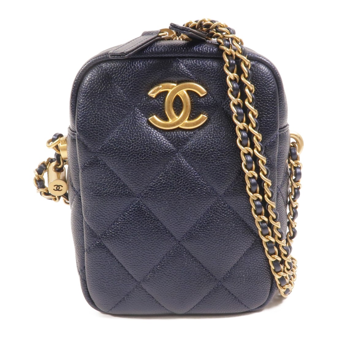 CHANEL CC Shoulder Bag Blue Calfskin Leather Gold Tone Chain: CHANEL CC Shoulder Bag Blue Calfskin Leather Gold Tone Chain A CHANEL women's shoulder bag in blue calfskin (cowhide) leather with CC and chain details. It comes with a storage bag and hologram