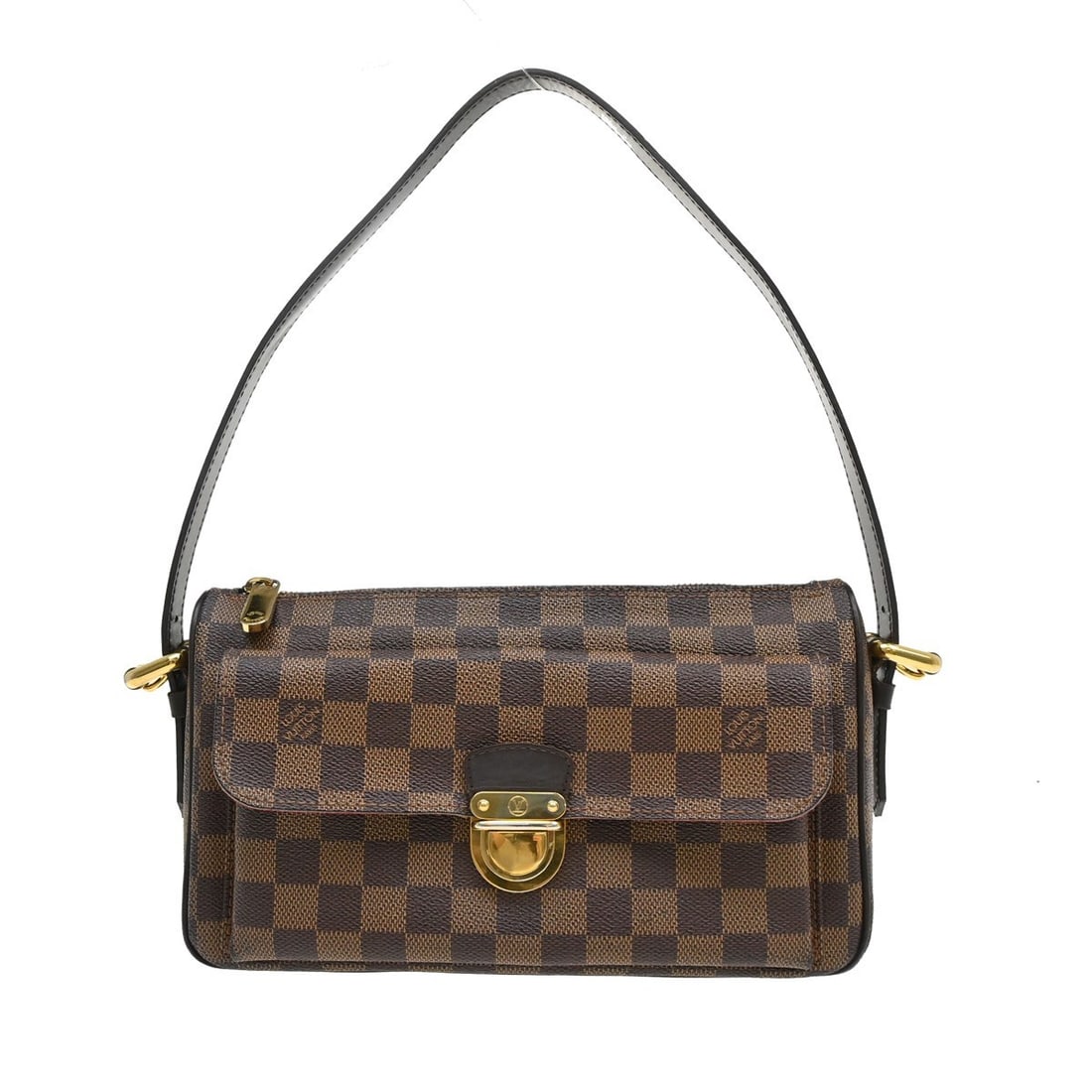 Louis Vuitton Ravello GM Damier Ebene Shoulder Bag N60006: Louis Vuitton Ravello GM Damier Ebene Shoulder Bag N60006 Vintage Louis Vuitton Ravello GM shoulder bag in Damier canvas and leather with an Ebene and brown check pattern. This medium shoulder bag fea
