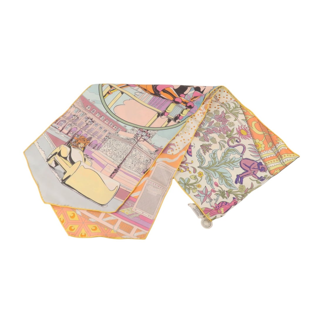Hermes Le Premier Chant silk scarf 30x180cm orange pink multicolor: Hermes Le Premier Chant silk scarf 30x180cm orange pink multicolor Hermes Le Premier Chant, Wow! scarf in silk with an orange, pink, mauve, white, and Bleu Gla colorway. It measures 180 cm x 30 cm (70