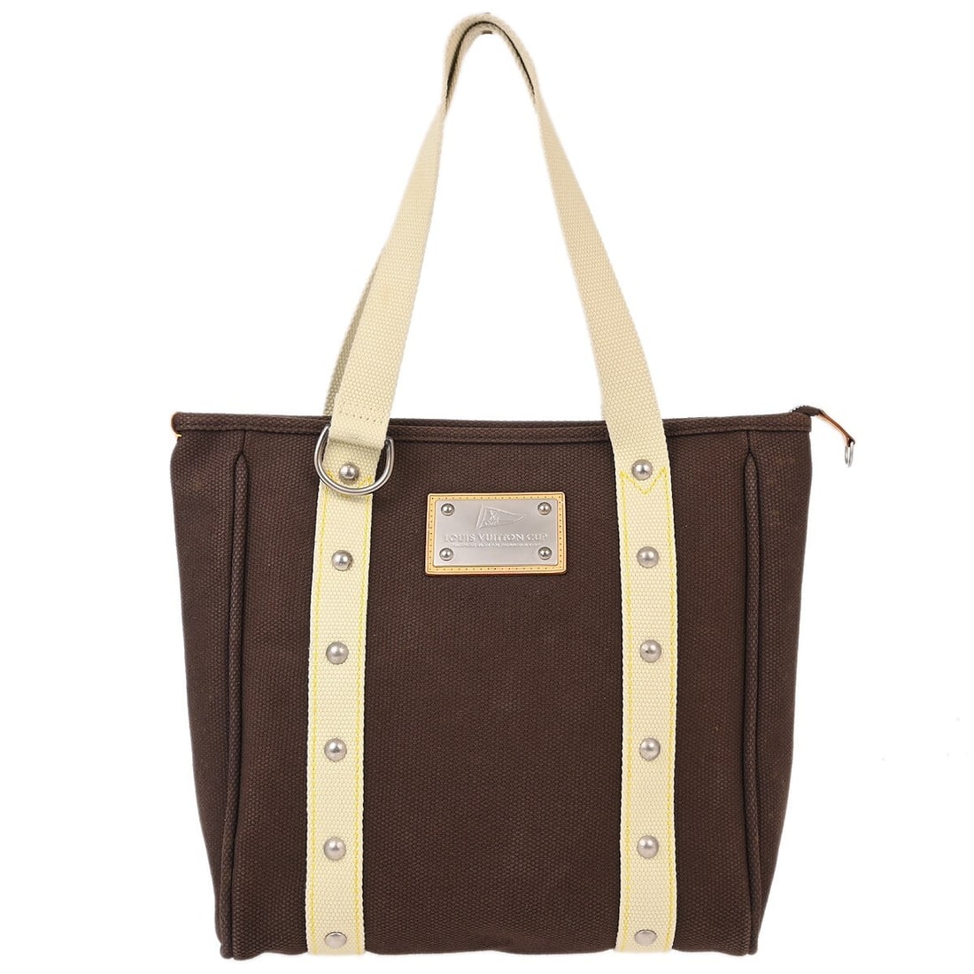 Louis Vuitton Cabas MM Antigua canvas tote in brown M80663: Louis Vuitton Cabas MM Antigua canvas tote in brown M80663 Vintage Louis Vuitton Antigua Cabas MM tote bag in brown canvas with white double handles and a zip closure. This medium unisex tote features
