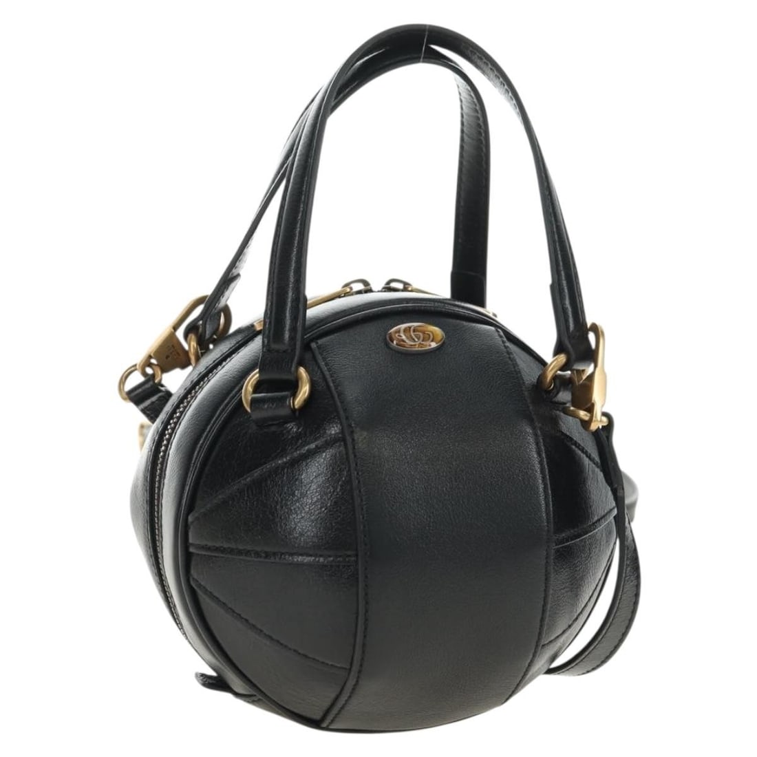 Gucci 547855 leather 2way handbag basketball shape black gold: Gucci 547855 leather 2way handbag basketball shape black gold Black and gold Gucci leather 2way handbag with a basketball shape. It includes a dust bag and shoulder strap, and was made in Italy. The i