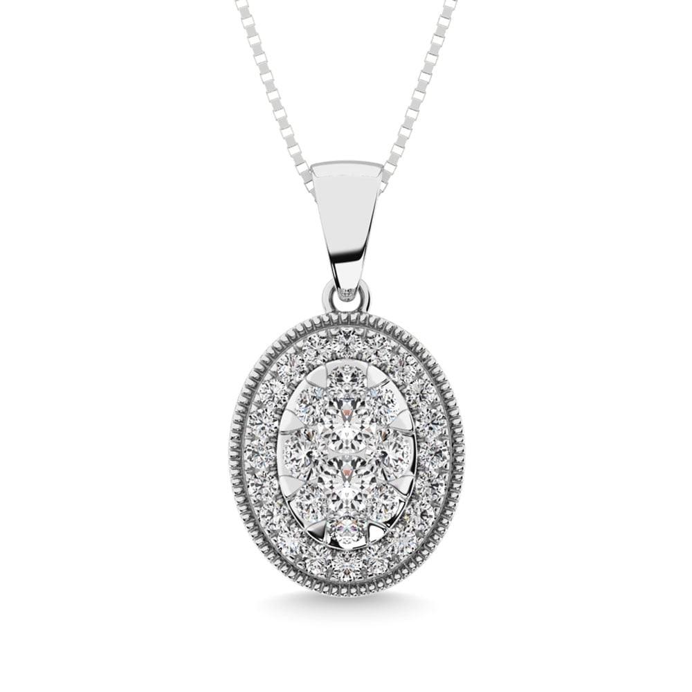 Diamond 1/2.Tw. Round Shape Cluster Pendant in 14K White Gold: Diamond 1/2.Tw. Round Shape Cluster Pendant in 14K White Gold 14k White Gold Stone Color: G-h Stone Clarity: I1 Unless otherwise specified, pendants that include a chain are paired with our standard 1