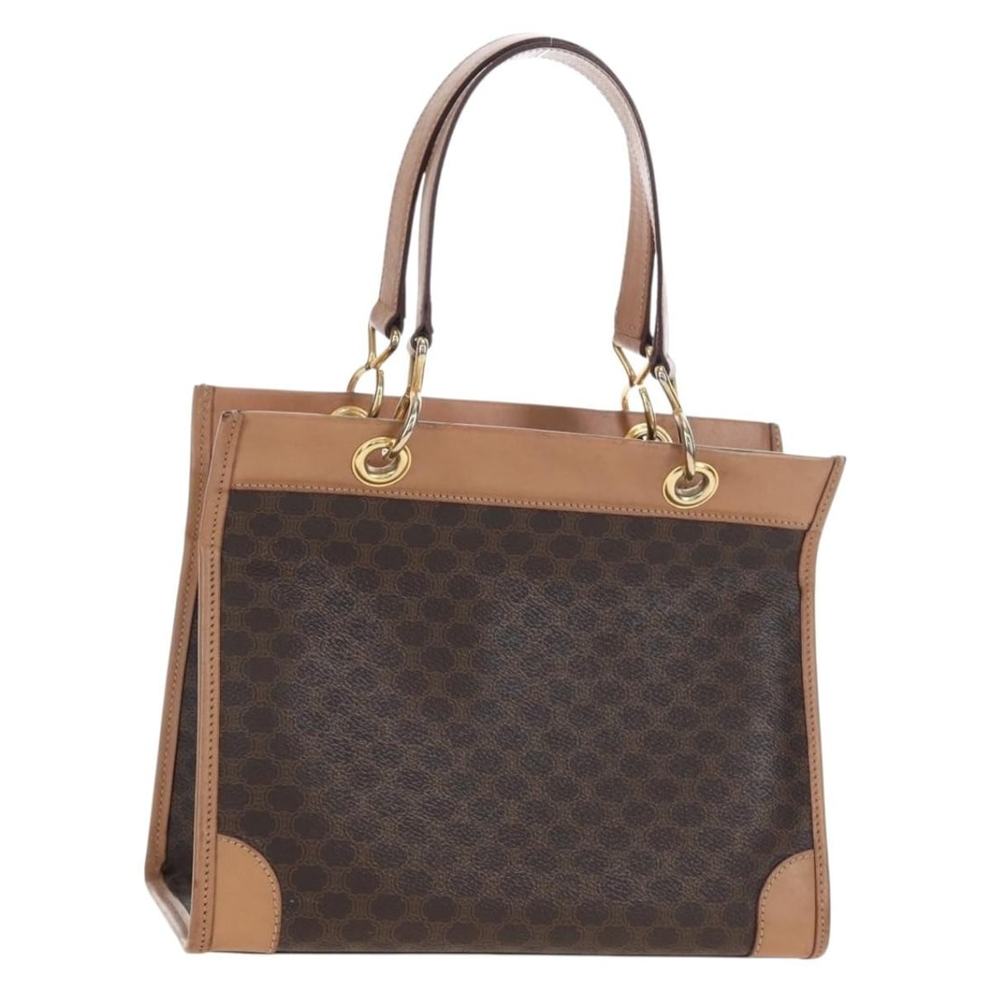 CELINE Macadam Canvas PVC Leather Handbag Brown Gold Tone: CELINE Macadam Canvas PVC Leather Handbag Brown Gold Tone CELINE Macadam canvas hand bag in brown and gold, made in Italy from PVC leather and Macadam canvas. This women's handbag features a handle dr