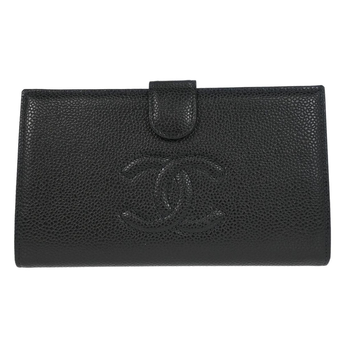 CHANEL Black Caviar Skin Leather Wallet Made in France: CHANEL Black Caviar Skin Leather Wallet Made in France Chanel black calfskin wallet for women with a structured interior that includes a bill pocket, coin pocket, card slots, and additional pockets. T