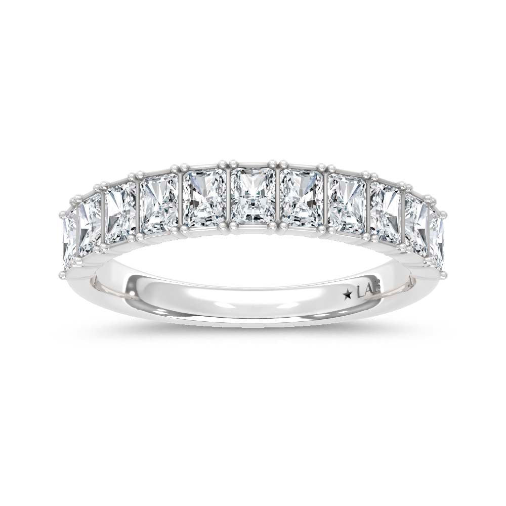 14K White Gold Lab Grown Diamond Radiant Cut Shape 1 1/2 Ct.Tw. Half Way Band: 14K White Gold Lab Grown Diamond Radiant Cut Shape 1 1/2 Ct.Tw. Half Way Band This luxurious 14K White Gold Band, adorned with 1 1/2 Ct.Tw. of Radiant Cut Lab Grown Diamonds, presents a sophisticated 
