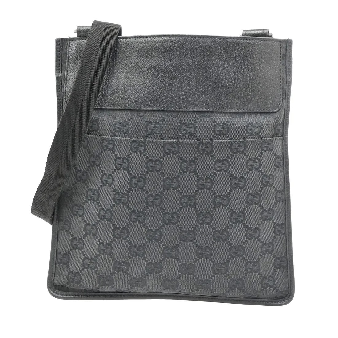 Gucci Vintage Flat Messenger Black Canvas Shoulder Bag: Gucci Vintage Flat Messenger Black Canvas Shoulder Bag Vintage flat messenger bag in black canvas with leather trim. This unisex Gucci model is made in Italy and measures 23 cm x 24 cm x 1 cm. Conditi