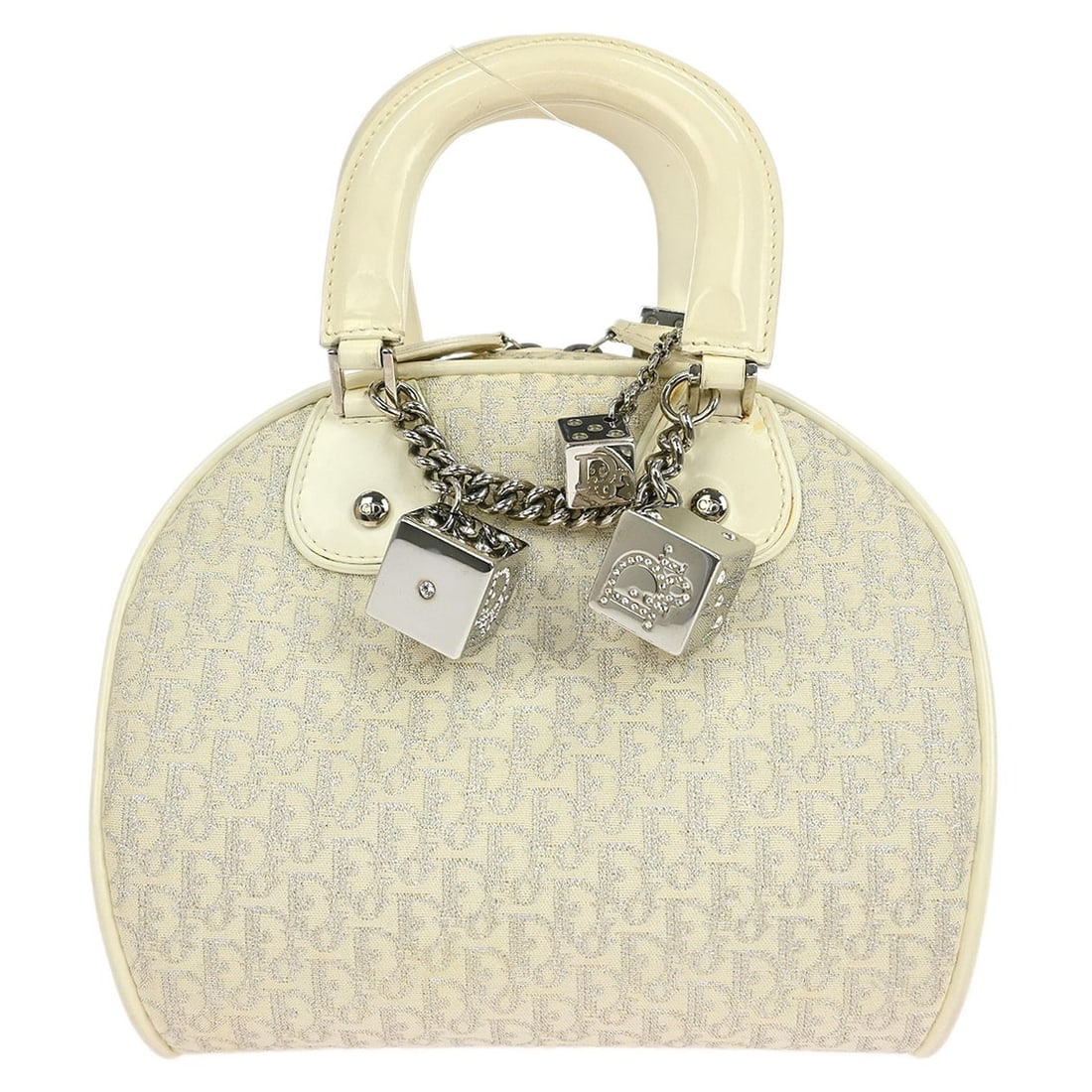 Dior Gambler Dice Trotter Small White Top Handle Bag: Dior Gambler Dice Trotter Small White Top Handle Bag Christian Dior Gambler Dice Trotter handbag in white with double top handles. This small top handle bag is made of canvas and leather and features 