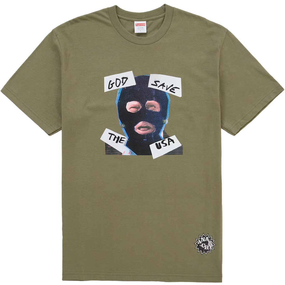 Medium Supreme graphic cotton tee in light olive: Medium Supreme graphic cotton tee in light olive The Supreme God Save Us Light Olive Tee features a bold graphic print that reflects Supreme's signature streetwear style. Made from premium cotton, thi