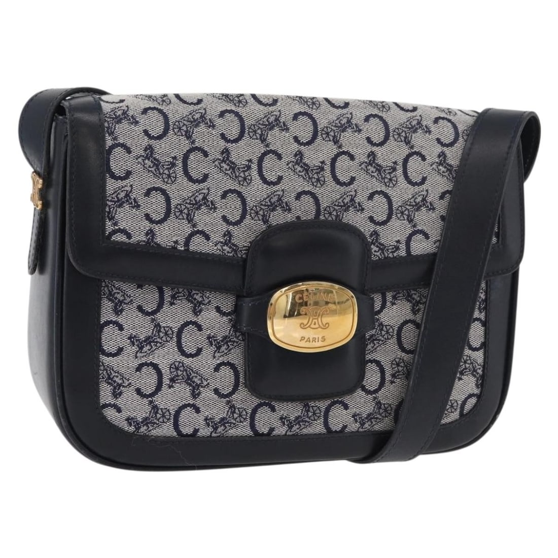 CELINE Navy Gold Canvas Sulky Shoulder Bag Italy: CELINE Navy Gold Canvas Sulky Shoulder Bag Italy This CELINE C Sulky shoulder bag features a navy and gold canvas exterior, offering a stylish and functional accessory for everyday use. The bag is des