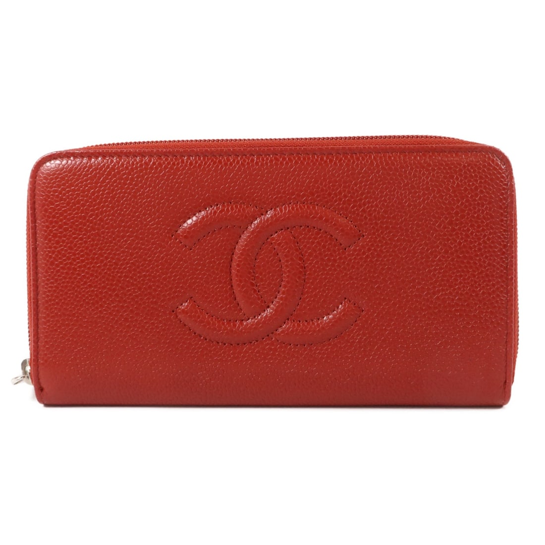 Red Calfskin Zip Wallet CHANEL Timeless CC with SHW: Red Calfskin Zip Wallet CHANEL Timeless CC with SHW A CHANEL Timeless CC zipper wallet in red calfskin leather with silver-tone hardware. The wallet features a zipper closure and a practical interior 