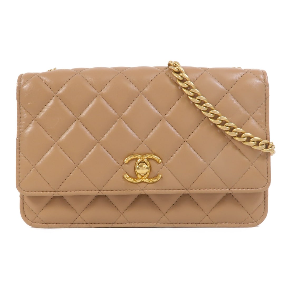 CHANEL AP3043 WOC Shoulder Bag Beige Lambskin Gold Tone CC: CHANEL AP3043 WOC Shoulder Bag Beige Lambskin Gold Tone CC CHANEL WOC Wallet On Chain shoulder bag in beige lambskin (sheep leather) with GHW hardware. This women's regular-size shoulder bag features 