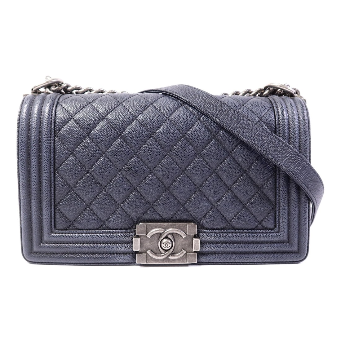Chanel Boy 25 A67086 Chain Shoulder Bag Dark Grey Calfskin: Chanel Boy 25 A67086 Chain Shoulder Bag Dark Grey Calfskin A CHANEL Boy 25 chain shoulder bag in dark grey calfskin leather with silver-tone hardware. It features a flap closure, one open interior poc